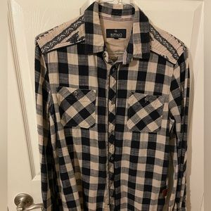 Cream/navy men’s cotton shirt.